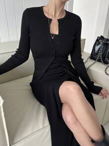 DAZY 2pcs Women Plain Button-Front Long Sleeve Sweater And Skirt Set
