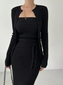 DAZY 2pcs Women Plain Button-Front Long Sleeve Sweater And Skirt Set