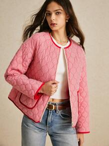 Poéselle Loose Fit Pocket Winter Coat, Striped Printed Contrast Binding, Versatile And Casual