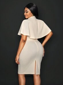 Slaydiva 2pcs Women's Elegant Commute Cape And Crew Neck Sleeveless Fitted Dress Set