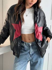 SHEIN EZwear 复古 PU 拼布万圣节棉服外套 - 黑色 - 查看 4