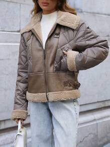 EURMUSE Contrast Patchwork Special Design Winter Coat - Mocha Brown - View 5