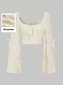 ROMWE Kawaii Summer Crochet Solid Color Hollow Knit Cropped Sweater, School