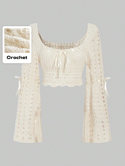 Kawaii Summer Crochet Solid Color Hollow Knit Cropped Sweater, School