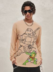 TEENAGE MUTANT NINJA TURTLES | SHEIN Áo thun tay dài dáng rộng in hình con rùa hoạt hình thường ngày cho nam - Màu Khaki - Xem 8