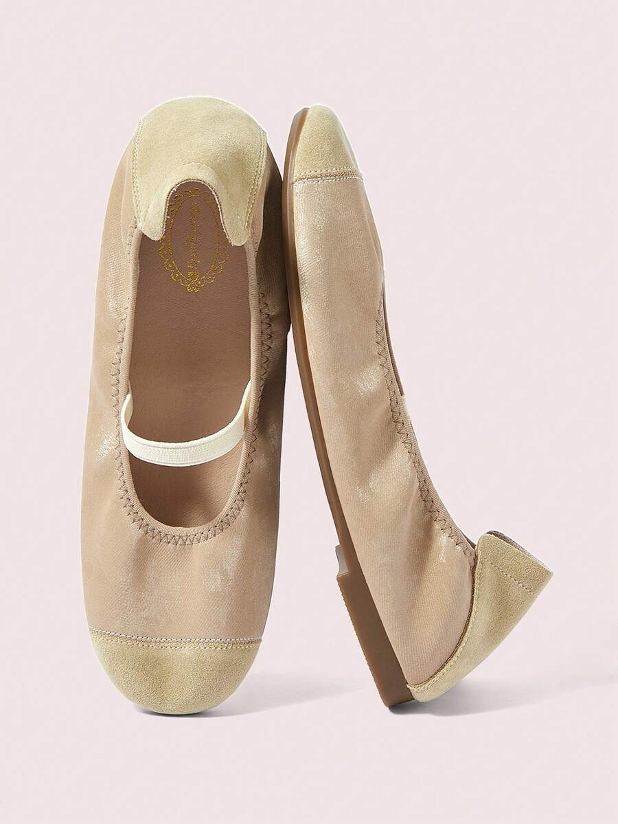 CUCCOO DOLLMOD 欧美风女式米色超柔天鹅绒蝴蝶结撞色拼接弹力休闲舒适平底芭蕾舞鞋 - 米色 - 查看 1