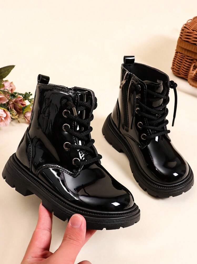 1 Pair Solid Color Patent Leather Shoelace Style Comfortable Fashion Versatile Durable Daily Boots For Kids - Black - View 2