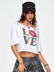 ROMWE J-Fashion Áo thun cỡ lớn Y2K cổ bất đối xứng "I LOVE LEOPARD" dành cho nữ - trắng - Xem 4