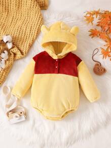 Body combinaison à capuche et manches longues en peluche et bicolore pour bébé garçon, pour porter en extérieur et en tenue décontractée, automne/hiver - Jaune citron - Voir 1