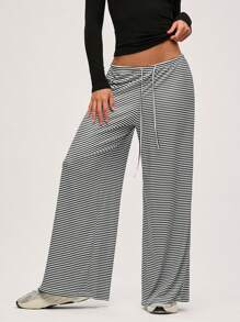 SHEIN BASICS 女士休闲针织条纹宽松阔腿全长裤