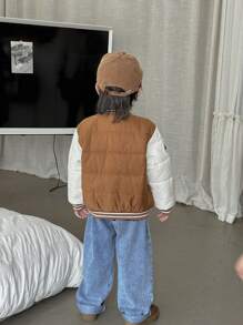 Young Boy Color Block Baseball-Collar Long Sleeve Casual Padded Coat, Front Row Seating - Multicolor - View 2