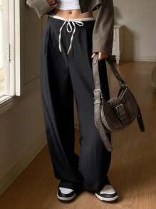 DAZY 女式阔腿系带腰休闲正装裤 - 黑色 - 查看 2