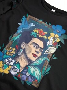 Frida Kahlo X SHEIN Women Figure Graphic Ruffle Trim Casual Black Sweatshirt, Fall/Winter Surrealism Self Portraits Unibrow - Black - View 6