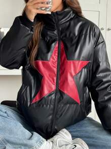 SHEIN EZwear 复古 PU 拼布万圣节棉服外套 - 黑色 - 查看 3