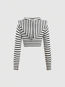SHEIN X PERLA SHEIN Unity 女士撞色条纹连帽开衫 - 黑與白 - 查看 2