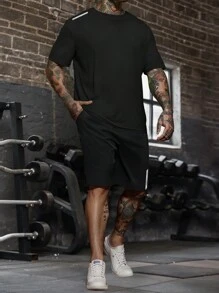 Manfinity Running Plus Size Men's Contrast Color Crew Neck Short Sleeve T-Shirt And Shorts Sports Set - Black - View 1