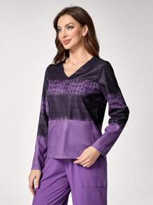 TaskEZ Women V-Neck Tie-Dye Long Sleeve Pocket Top And Pants Uniform Scrub Set