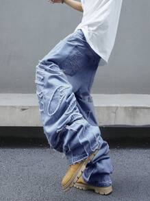 Manfinity EMRG Quần Jeans Ống Rộng Dáng Rộng Có Túi Viền Rách Thường Ngày Cho Nam - Rửa trung bình - Xem 8