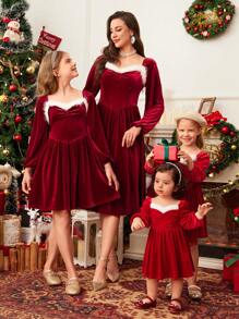 SHEIN Vestido de manga larga de terciopelo rojo elegante y lindo para bebé niña en otoño/invierno, conjunto a juego de mamá e hija para Navidad (2 piezas se venden por separado) - Rojo - Ver 12