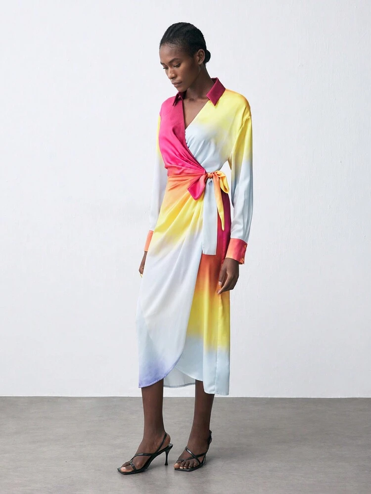 SHEIN Maija 1pc Women Ombre Tie-Front Long Sleeve Elegant Dress For Holidays, Autumn/Winter