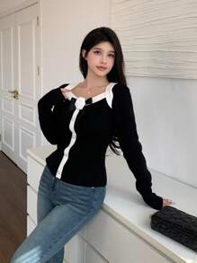 Modelyn Áo len dệt kim dài tay trang trí hoa 3D thanh lịch dành cho nữ, mùa thu/đông - màu đen - Xem 5