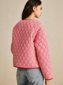 Poéselle Loose Fit Pocket Winter Coat, Striped Printed Contrast Binding, Versatile And Casual