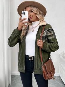 Chiquease Green Striped Fuzzy Lined Jacket For Women, Commute & Casual, Thick Sherpa Lining, Zipper, Lapel Collar, Autumn/Winter 2024
