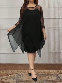 SHEIN Clasi 春秋季大码优雅纯色蕾丝拼布连衣裙 - 黑色 - 查看 1