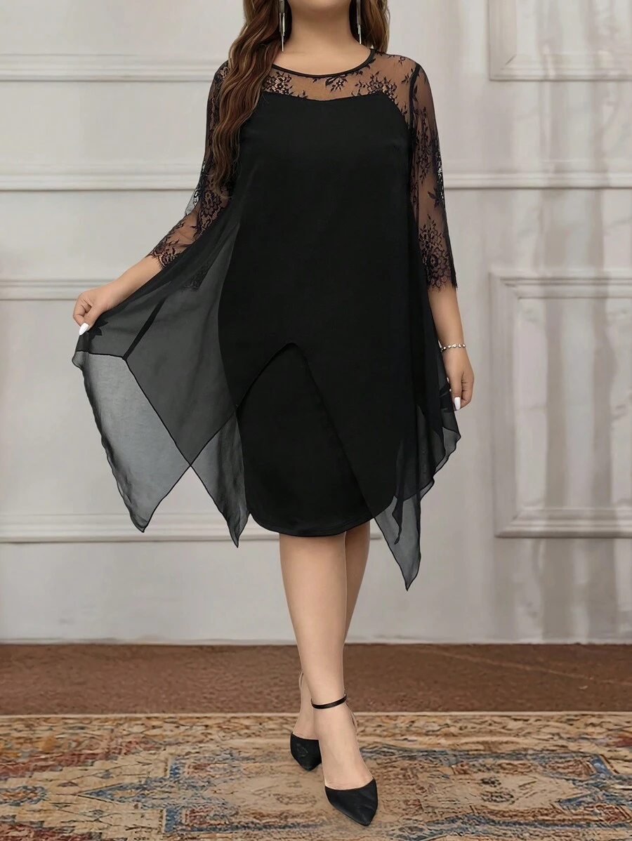 SHEIN Clasi 春秋季大码优雅纯色蕾丝拼布连衣裙 - 黑色 - 查看 1