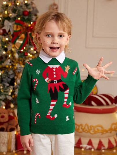 SHEIN Suéteres para niños pequeños en otoño e invierno, suéter de punto jacquard de manga larga con diseño navideño de dibujos animados, suave y cálido, capa base adorable para niños pequeños, adecuado para atuendo de fiesta de otoño e invierno