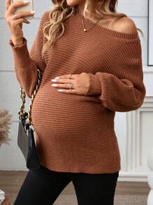 SHEIN Maternity Half Button Ribbed Knit, Ribbed Knit Sweater, For Winter - Grey - View 1