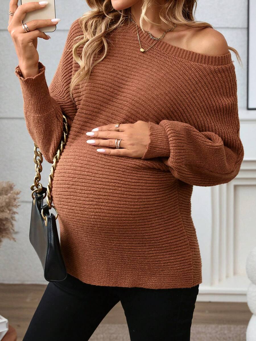 SHEIN Maternity Half Button Ribbed Knit, Ribbed Knit Sweater, For Winter - Grey - View 1