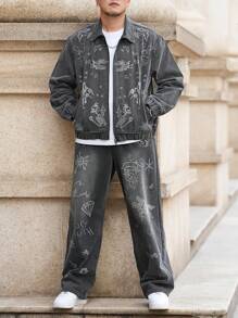 Manfinity EMRG 2 piezas/Set Chaqueta vaquera de manga larga con estampado de calavera y pantalones vaqueros conjunto informal talla grande para hombre, primavera y otoño