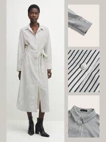 BizChic Striped Patchwork Shirt Wrap Metal Button Decor Midi Dress, Elegant Women's Dress For Christmas, New Year Party, Autumn/Winter,