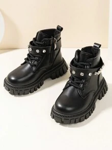 1 双儿童女孩水钻心形装饰靴子保暖学院风户外靴，休闲踝靴，四季皆宜 - 黑色 - 查看 6