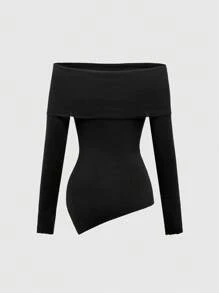 ROMWE Goth Elegant Romantic Asymmetrical Hem Off Shoulder Slim Fit Sweater For Women - Black - View 2
