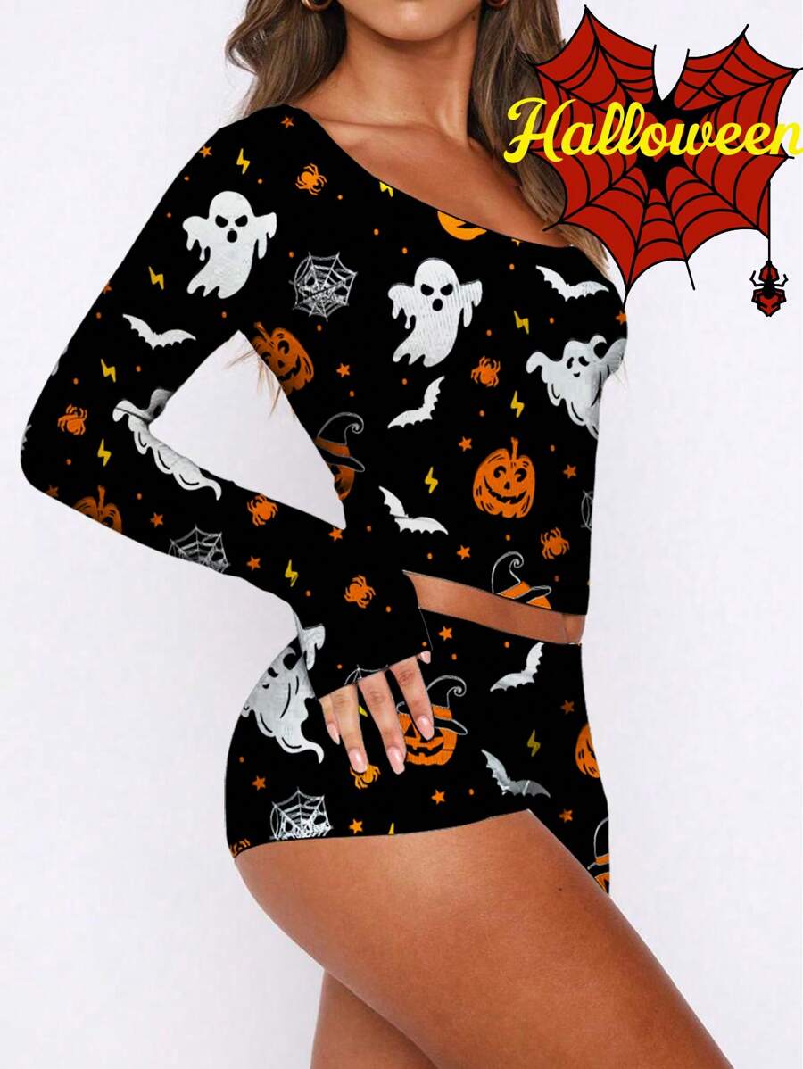 SHEIN SXY 2 件万圣节南瓜、蝙蝠和幽灵印花女式休闲长袖 T 恤和短裤套装，适合万圣节服装 - 彩色 - 查看 1