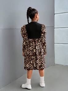 SHEIN 青少年女孩针织拼布豹纹羊腿袖修身优雅连衣裙，适合休闲穿着 - 黑色 - 查看 4