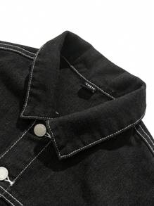 SHEIN 青少年男孩时尚休闲撞色缝线黑色口袋设计牛仔翻领长袖夹克适合日常穿着和秋季儿童服装 - 黑色 - 查看 5