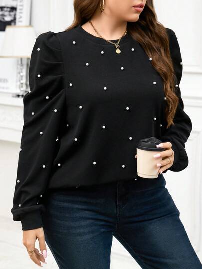 SHEIN Clasi 优雅珍珠缀饰长款羊腿袖圆领大码女式运动衫，秋冬款