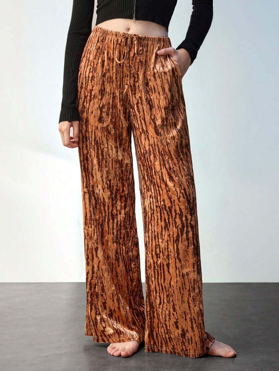 SHEIN Maija Women's Velvet Straight Leg Pants With Drawstring Waist, Loose Wide Leg Design, Autumn & Winter