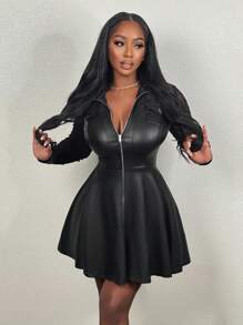 Slaydiva Elegant Black Front Zipper Lace Patchwork PU Fit & Flare Long Sleeve Dress - E - Black - View 3