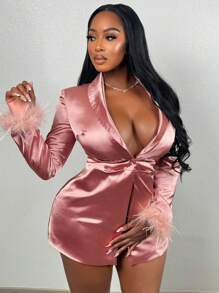 Slaydiva Jesienna elegancka spódnica garniturowa z długimi rękawami, głęboki dekolt w serek, sztuczne ozdoby na górze, super mini spódnica, błyszcząca błyszcząca tkanina tkana, różowa damska marynarka garniturowa-E