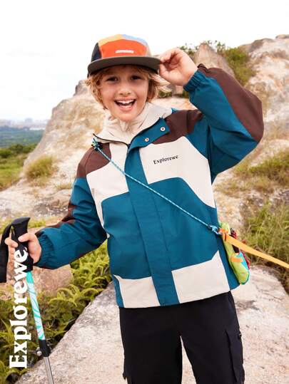 SHEIN Áo khoác cổ ấm thiết kế chắp vá phong cách thường ngày ngoài trời cho bé trai, thích hợp cho du lịch ngoài trời, giải trí và mặc đường phố thành phố, mùa thu