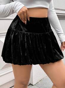 SHEIN EZwear Plus Size Women's Solid Color Pleated Minimalist A-Line Skirt, Casual Daily Wear - Black - View 4