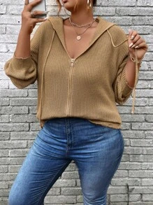 Calvaya Plus Size Women's Solid Color Simple Casual Hooded Cardigan - Khaki - View 5