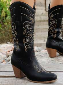 Styleloop Women's Mid-Calf Boots, Suitable For Vacation, BOHO, Retro American, Bohemian, Western Style, Music Festival, Party, Christmas, Halloween - Black - View 4