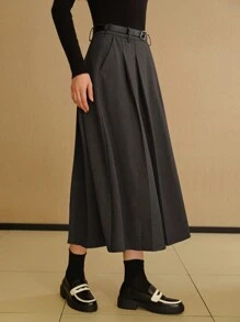 MOTF STUDIO SOLID SLANT POCKET FOLD PLEATED BELTED LONG SKIRT - Grey - View 4