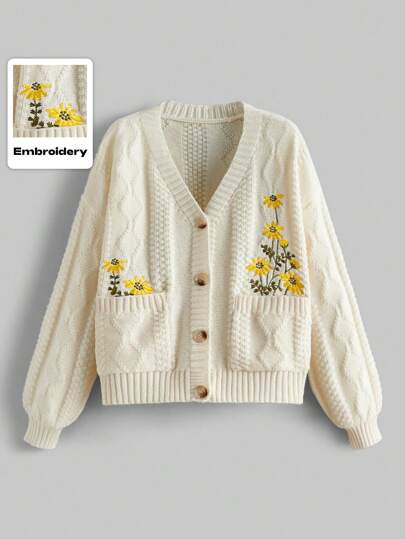 Fairycore Women's Floral Embroidered Button Cardigan, School,Long Sleeve Tops