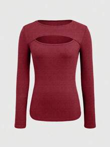 INAWLY 女士镂空修身长袖圆领T恤，春秋季女式上衣 - 酒紅色 - 查看 3